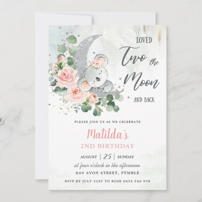 Pink Floral Koala Bear 2nd Birthday Crescent Moon  Invitation (Front)