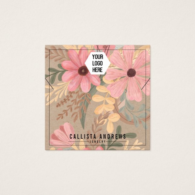 Pink Floral Kraft Paper Logo Necklace Display Card (Front)