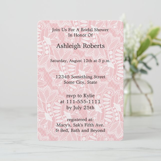 Pink Floral Lace Bridal Shower Invitation (Standing Front)