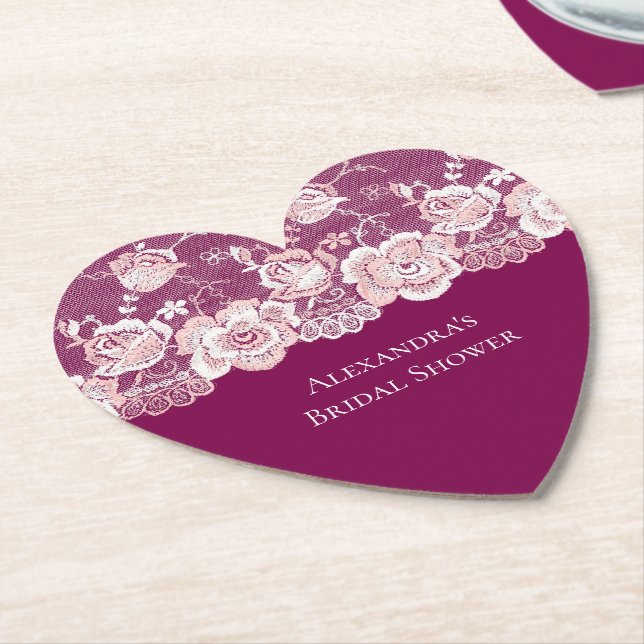 Pink Floral Lace Bridal Shower Paper Coaster (Angled)