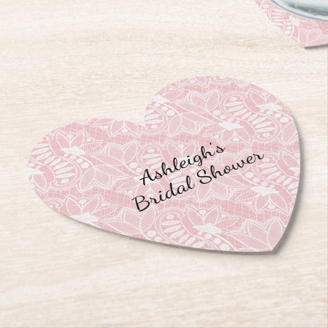 Pink Floral Lace Bridal Shower Paper Coaster (Angled)