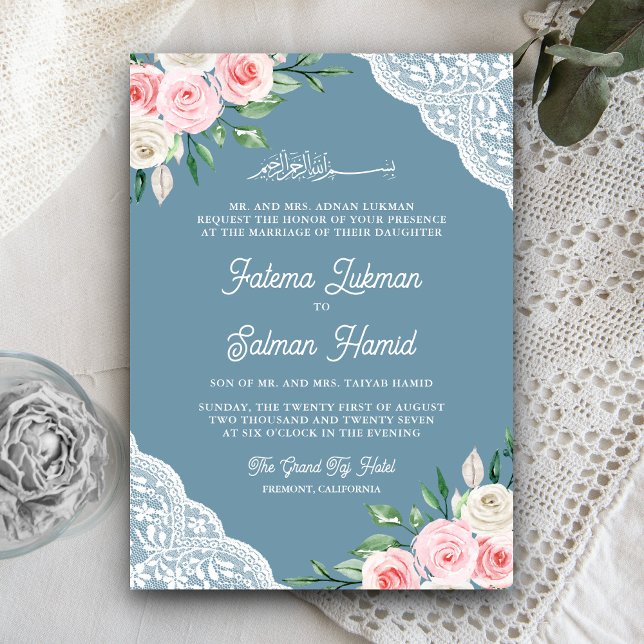 Pink Floral Lace Dusty Blue QR Code Muslim Wedding Invitation (Creator Uploaded)
