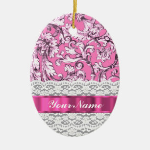 Pink floral lace pattern ceramic ornament