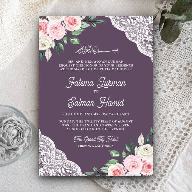 Pink Floral Lace Purple QR Code Muslim Wedding Invitation (Creator Uploaded)