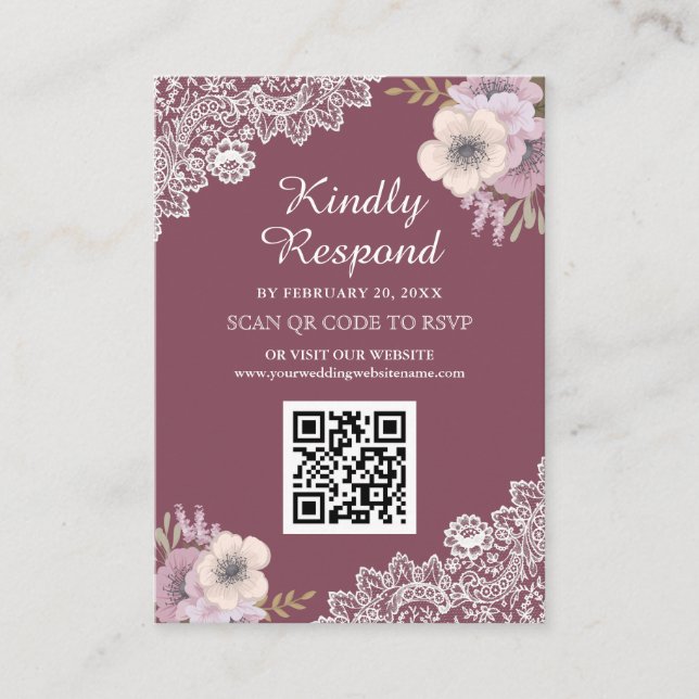 Pink Floral Lace QR Code RSVP Wedding Website Enclosure Card (Front)