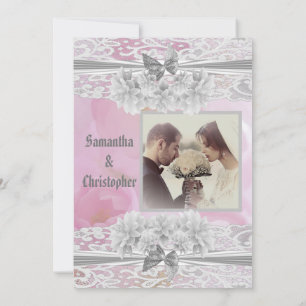 Pink floral lace wedding photo invitation