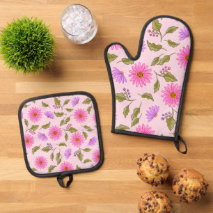 Pink Floral Lacy Daisy Oven Mitt & Pot Holder Set