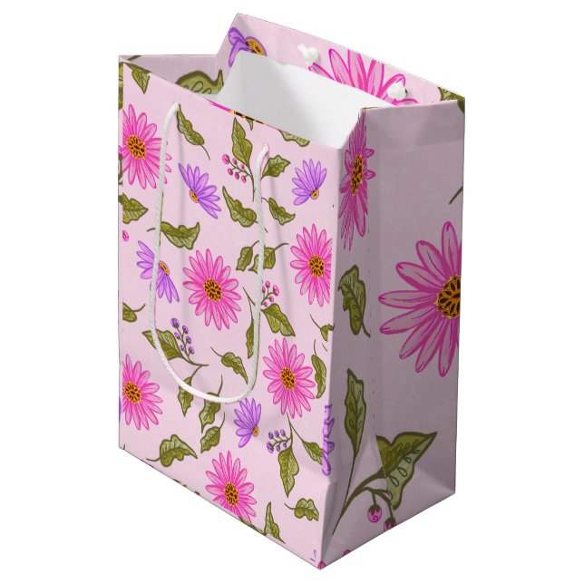 Pink Floral Lacy Daisy Paper Gift Bag (Front Angled)
