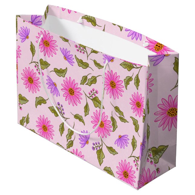 Pink Floral Lacy Daisy Paper Large Gift Bag (Back Angled)