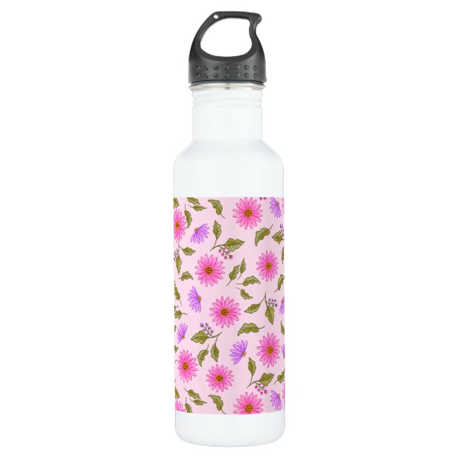Pink Floral Lacy Daisy Stainless Water Bottle (Front)