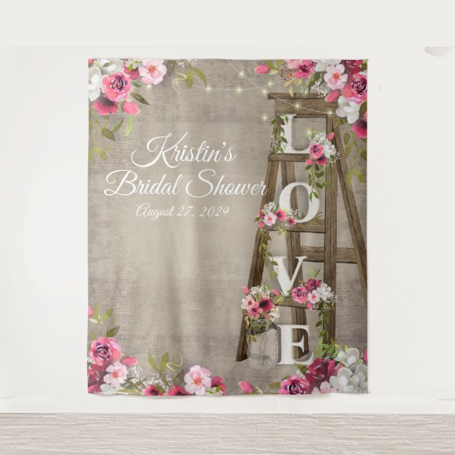 Pink Floral Ladder Rustic Bridal Shower Tapestry (Front)