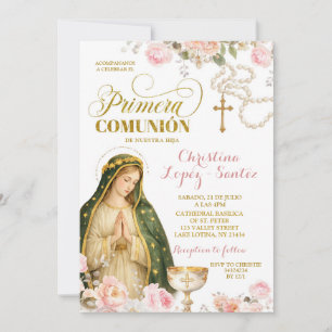 Pink Floral Lady of Guadalupe Primera Comunion Inv Invitation