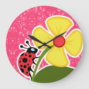 Pink Floral; Ladybug Large Clock