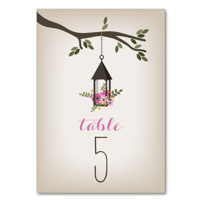 Pink Floral Lantern & Tree Wedding Table Number (Front)