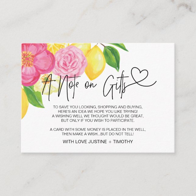 Pink Floral Lemon A Note on Gifts Wishing Well Enclosure Card (Front)