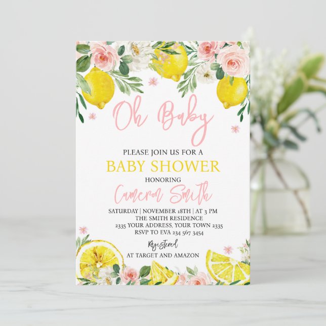 Pink Floral Lemon Baby Shower Invitation (Standing Front)