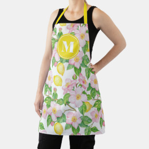 Pink Floral Lemon Pattern Monogram Apron