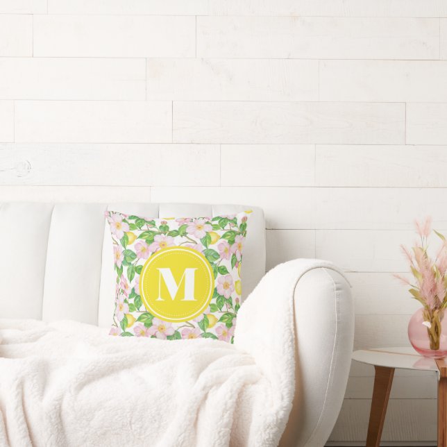 Pink Floral Lemon Pattern Monogram Throw Pillow (Couch)