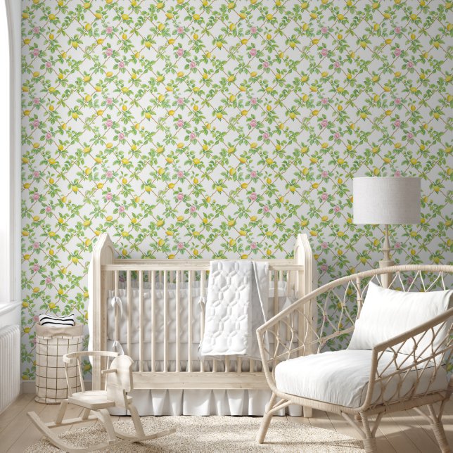 Pink Floral Lemons Citrus Pattern Wallpaper (Kids)