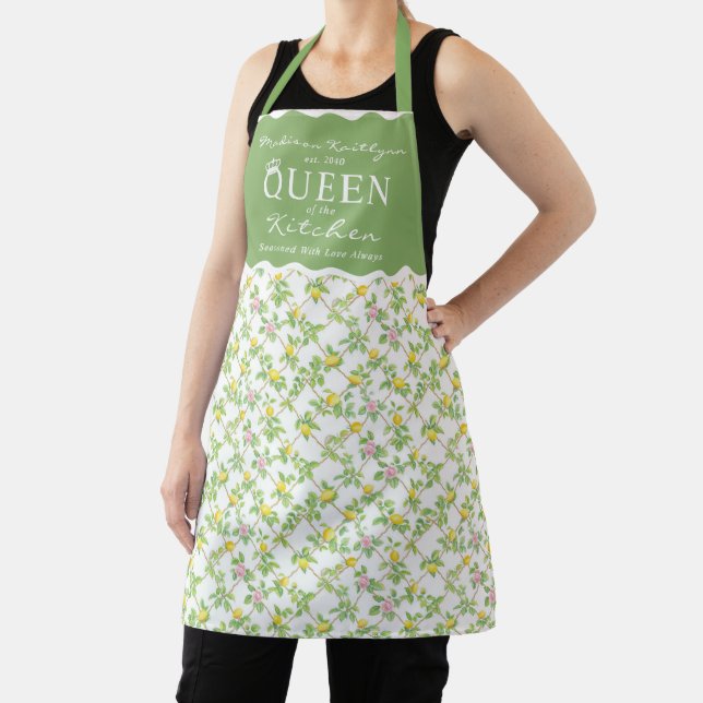 Pink Floral Lemons Citrus Queen of the Kitchen Apron (Insitu)