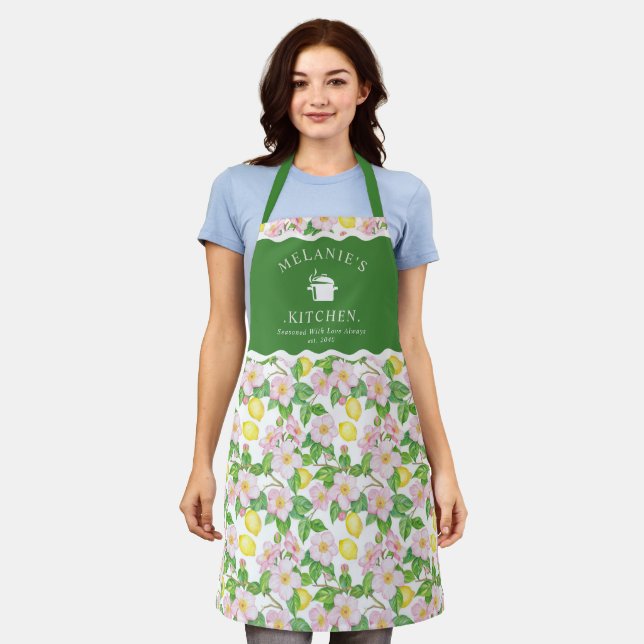Pink Floral Lemons Citrus Queen of the Kitchen Apron (Worn)