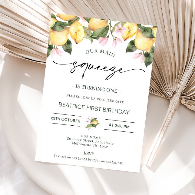 Pink Floral Lemons Our main Squeeze 1st Birthday Invitation (Lemon MAIN SQUEEZE 1st Birthday Invitation Lemonade Birthday Party Invitation Pink Floral Lemons )