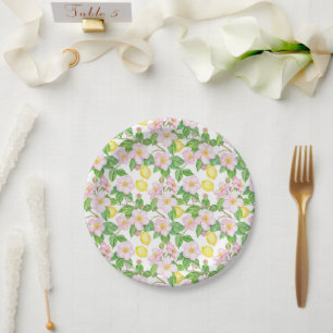 Pink Floral Lemons Pattern Paper Plate