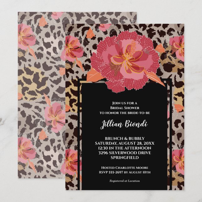 Pink Floral Leopard Animal Print Bridal Shower Invitation (Front/Back)