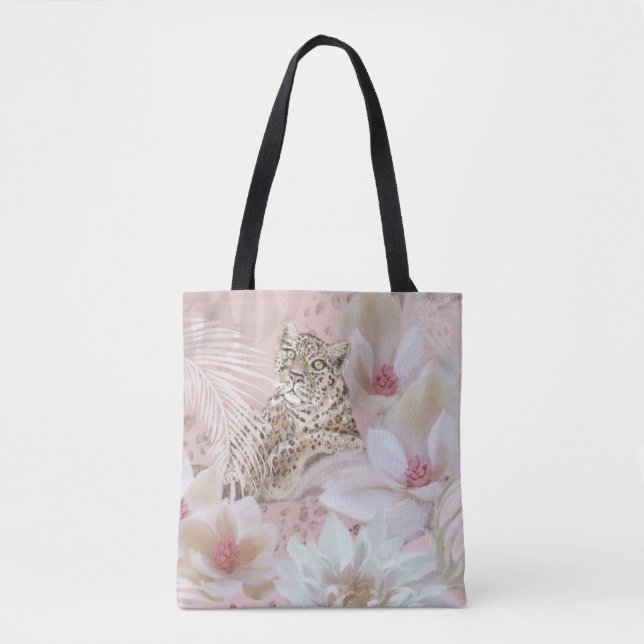 Pink Floral Leopard Pattern Fashion Tote Bag (Front)
