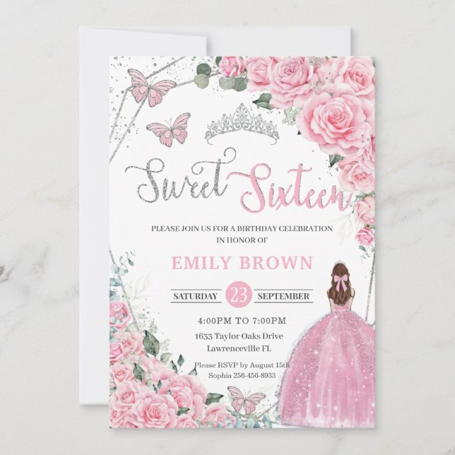Pink Floral Light Brown Princess Sweet 16 Birthday Invitation (Front)