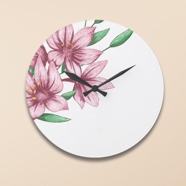 Pink Floral Lily Elegant Mom Office Decor Large Clock (Creator Uploaded)