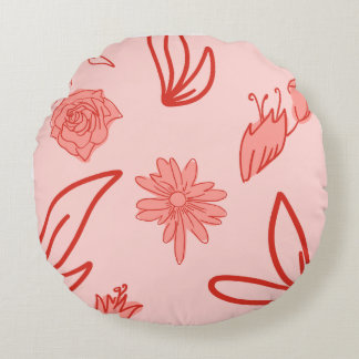 Pink Floral Line Art Pattern Round Pillow