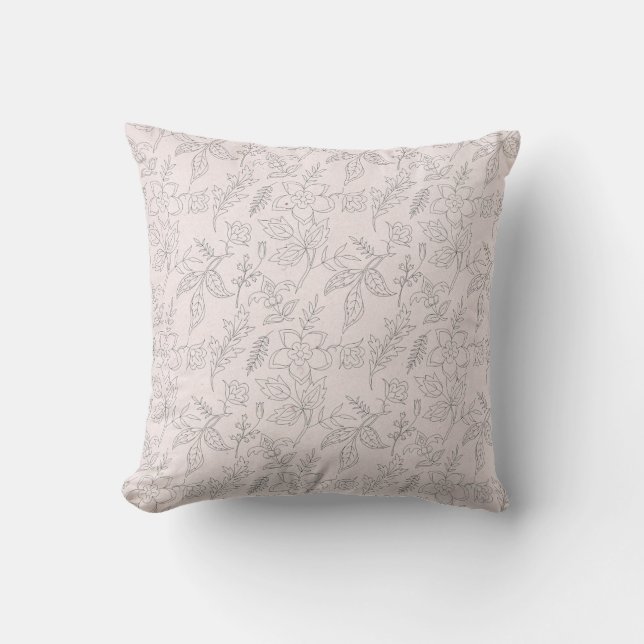 Pink Floral Line Art Pattern Throw Pillow (Front)