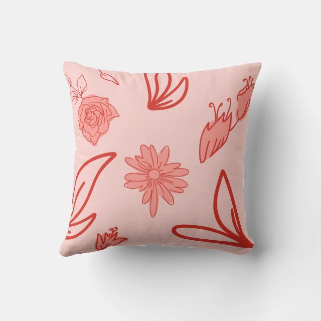 Pink Floral Line Art Pattern Throw Pillow (Back)