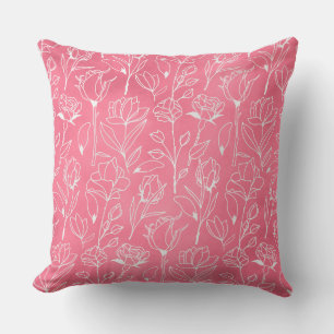 Pink Floral Line Art Throw Pillow
