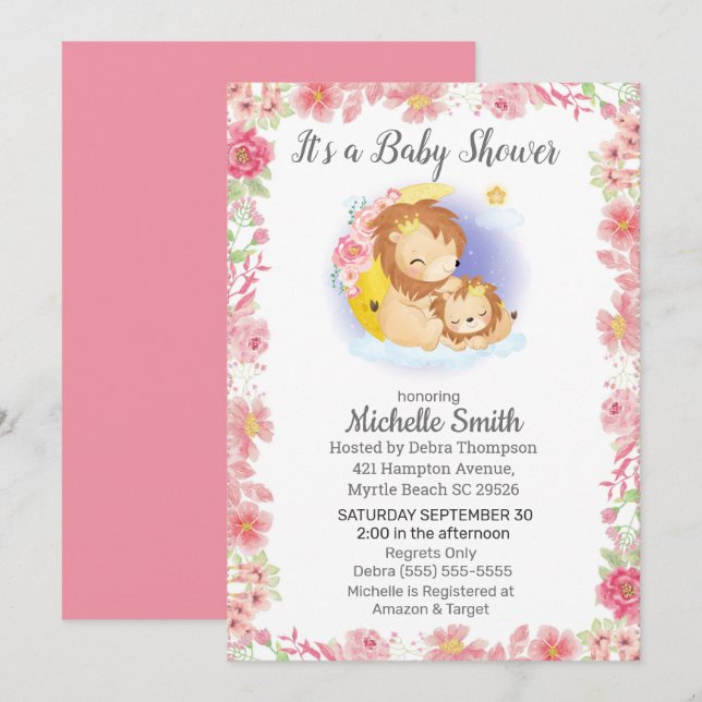 Pink Floral Lion Mom Baby Shower Invitation (Front/Back)