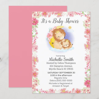 Pink Floral Lion Mom Baby Shower Invitation