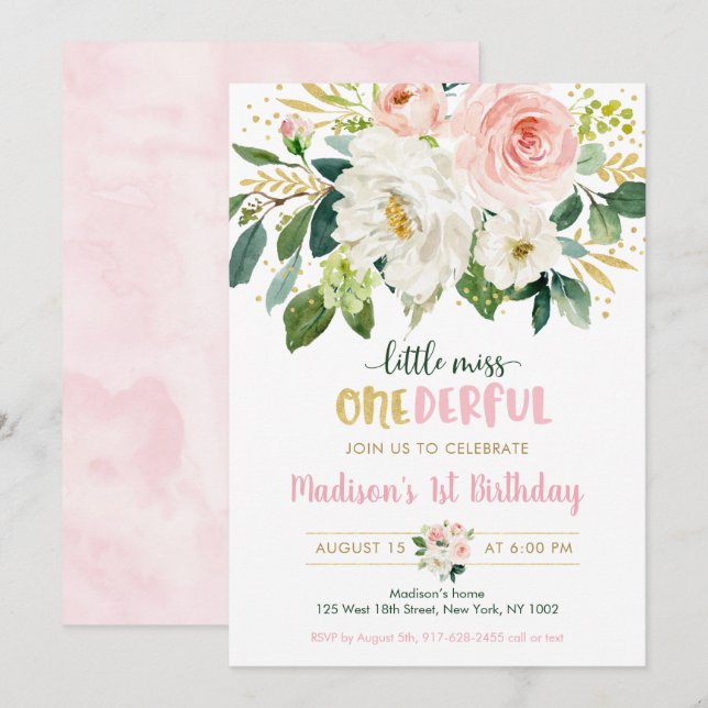 Pink Floral Little Miss Onederful First Birthday Invitation (Front/Back)