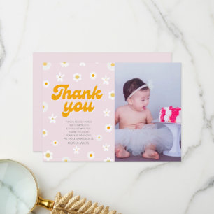 Pink floral little miss onederful photo birthday thank you card