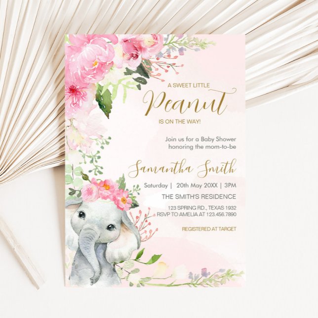 Pink Floral Little Peanut Baby Shower Invitation (Pink Floral Elephant Spring Baby Shower Invitation
)