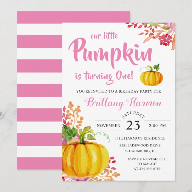 Pink Floral Little Pumpkin 1st Birthday Invitation (Front/Back)