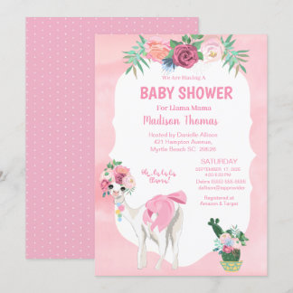 Pink Floral Llama Mama Alpaca  Girls Baby Shower Invitation