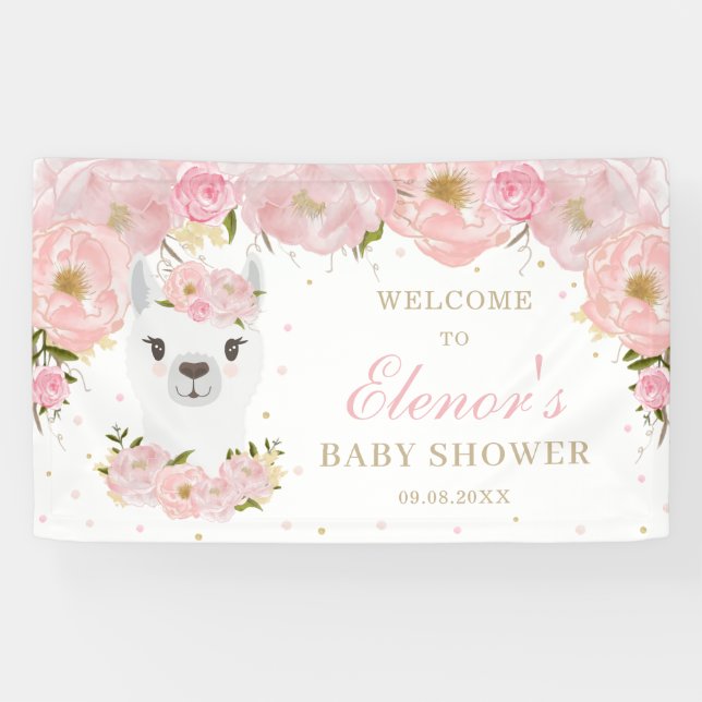 Pink Floral Llama Mama Animal Baby Shower Backdrop Banner (Horizontal)