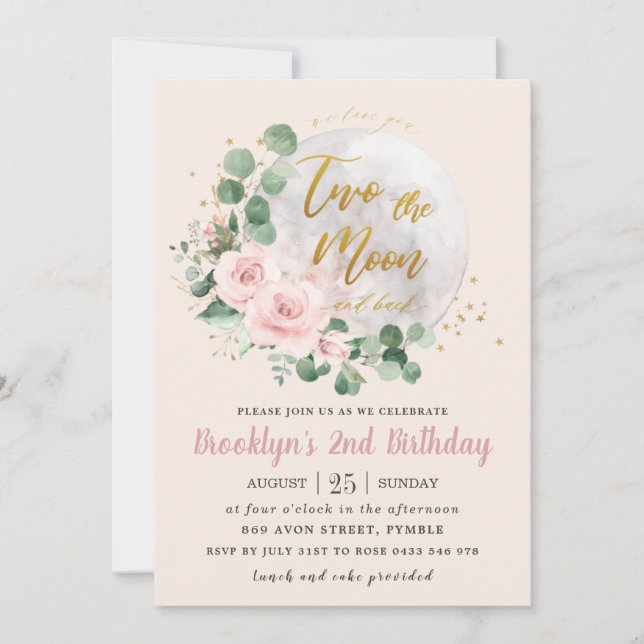Pink Floral Love You Two the Moon 2nd Birthday Invitation (Front)
