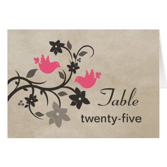 Pink Floral Lovebirds Table Number Card (Front Horizontal)