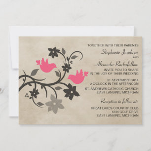 Pink Floral Lovebirds Wedding Invitation