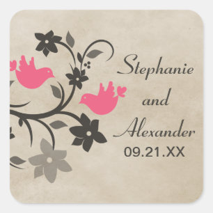 Pink Floral Lovebirds Wedding Stickers