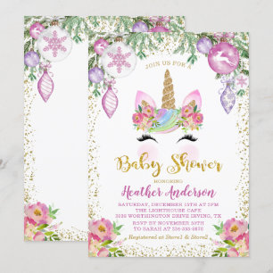 Pink Floral Magical Christmas Unicorn Baby Shower Invitation