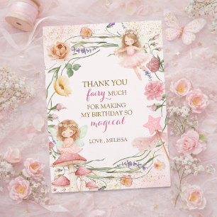 Pink Floral Magical Fairy Garden Girl Birthday    Thank You Card