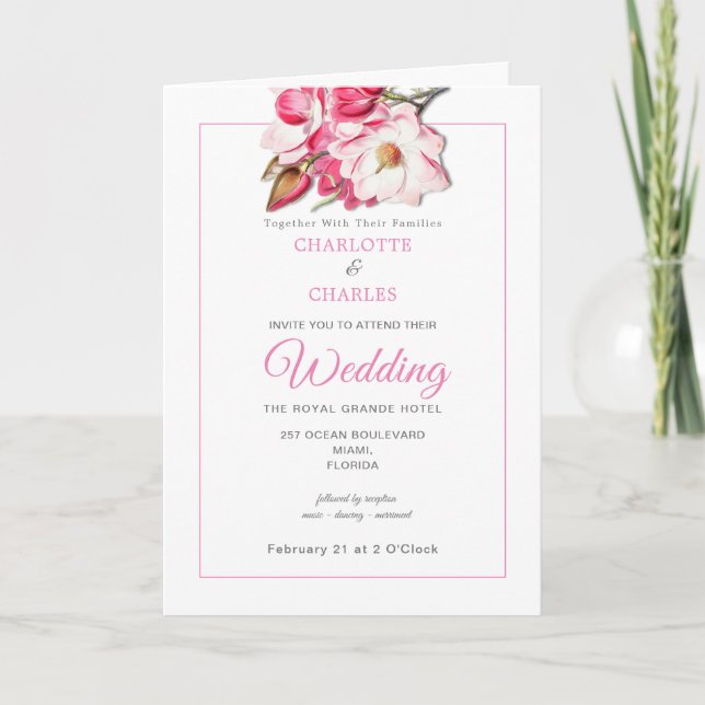 Pink Floral Magnolia Elegant Wedding Invitation (Front)